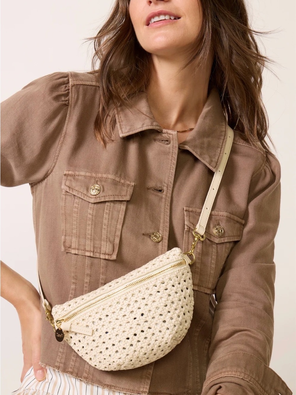 Clare V Petite Fanny Cream rattan NWT